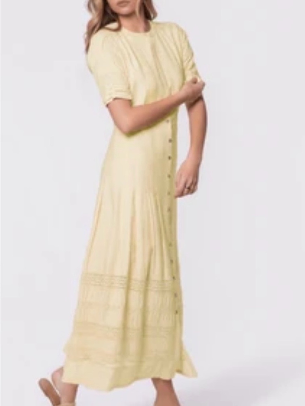 Light Yellow Button-Front Maxi Dress with Short Sleeves